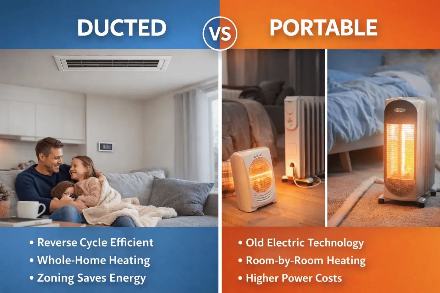 Ducted reverse cycle heating compared with portable electric heaters for winter running costs